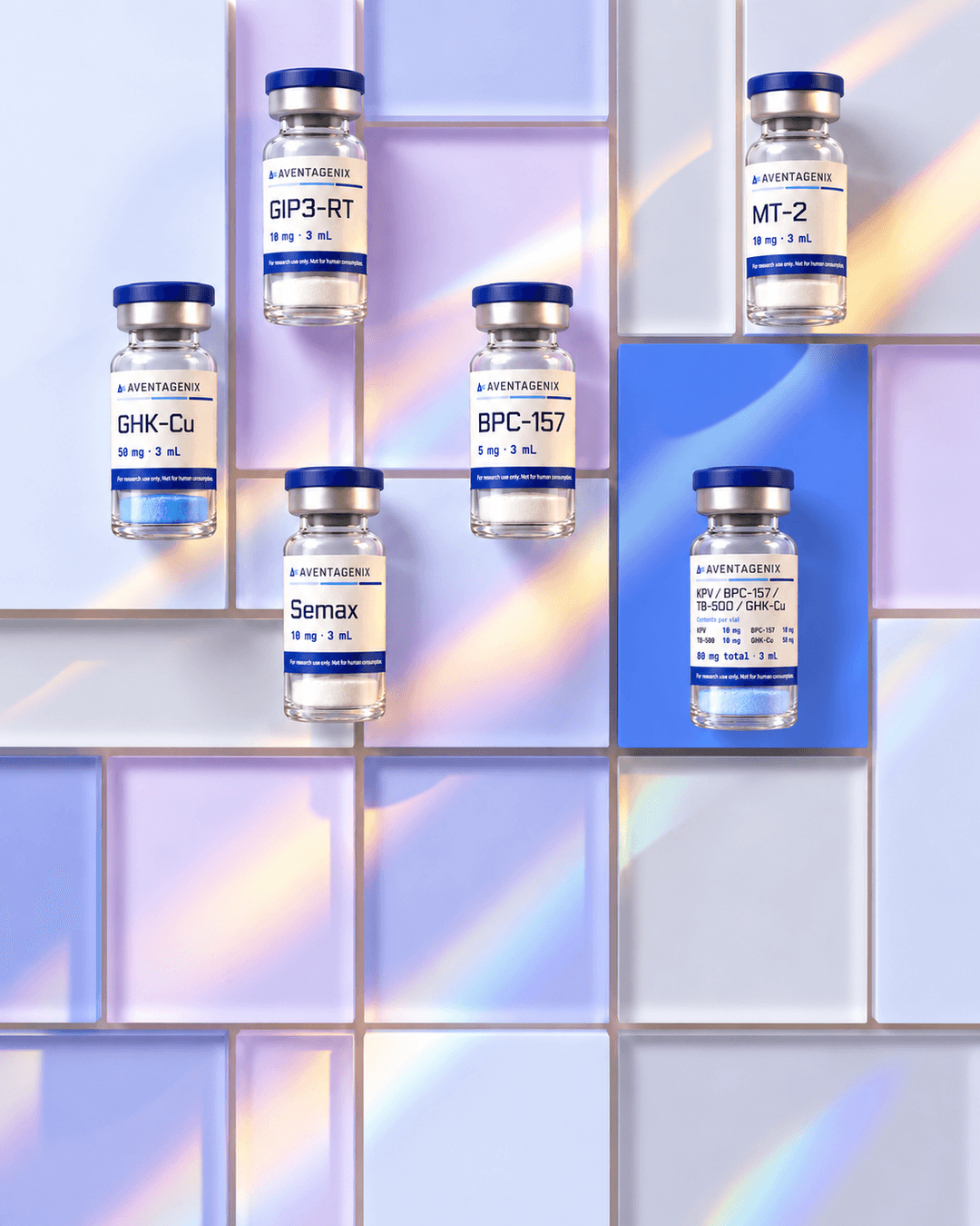 Aventagenix vials standing on pastel acrylic blocks
